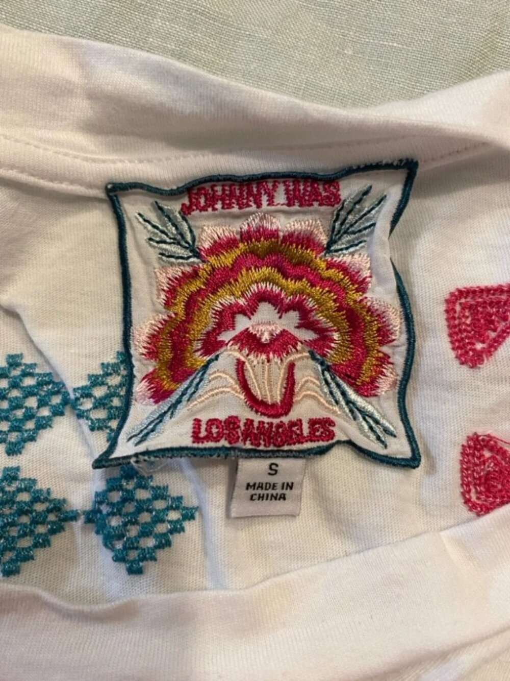 Johnny Was white embroidered short sleeve Katie relaxed draped tee - Picture 12 of 12